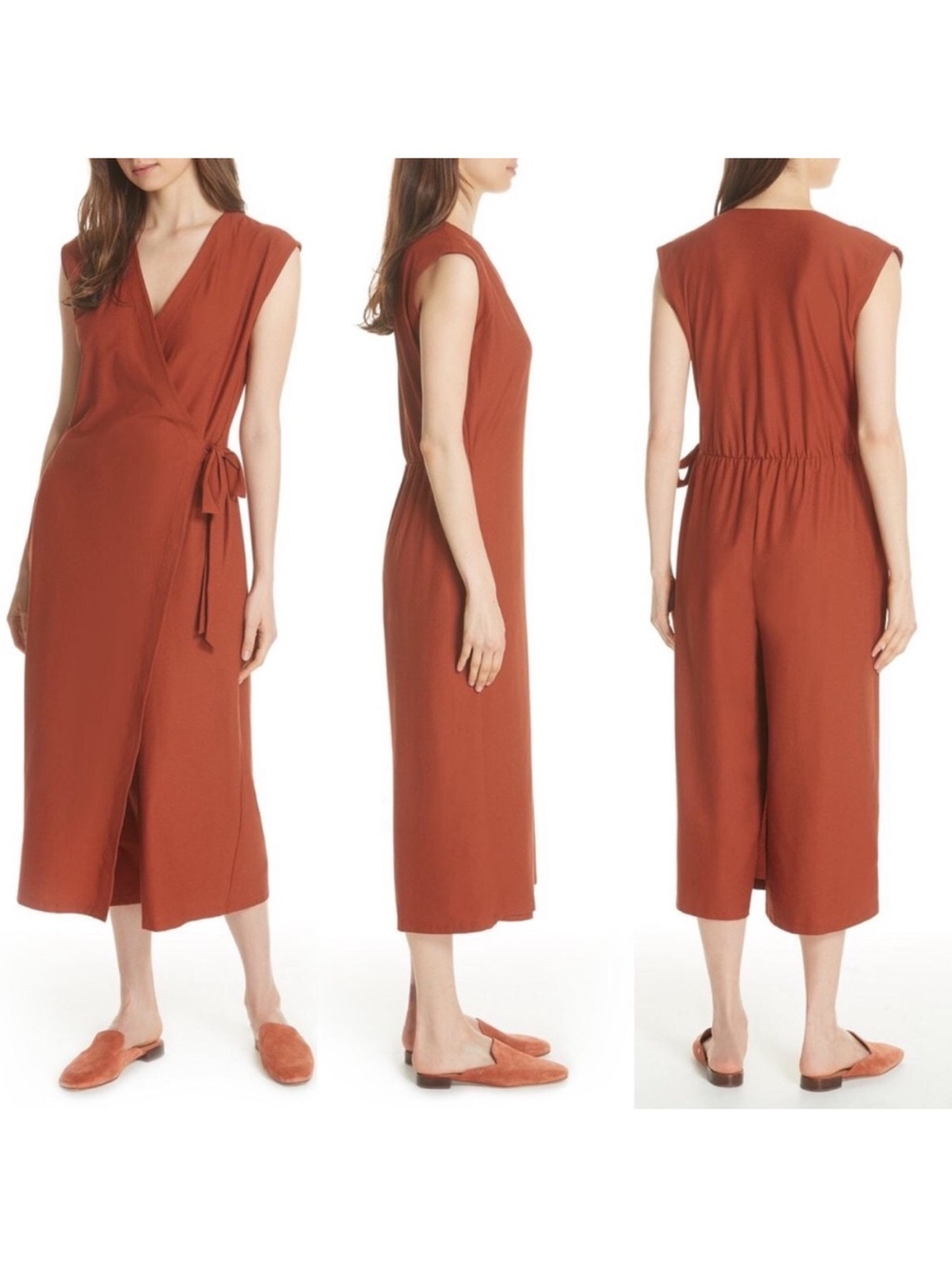 Eileen Fisher Medium Orange Rust Wrap Front Wide Leg Jumpsuit Tie Waist - Medium